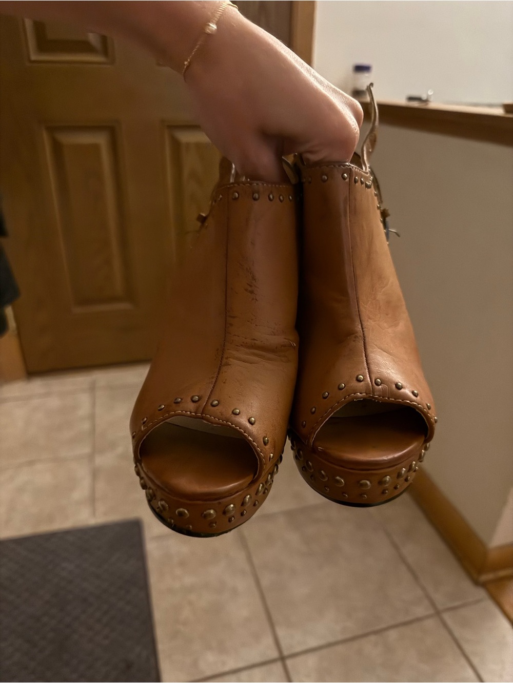 Wild Diva Brown Studded Peep-Toe Platform Slingback Heels - Picture 2 of 6
